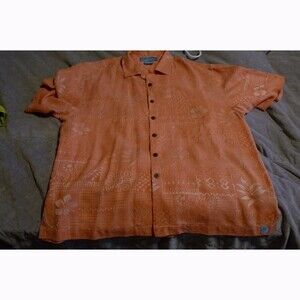 Bermuda Bay Jacquard Pigment Dyed Silk Coral Orange Hawaiian Men's Shirt XL